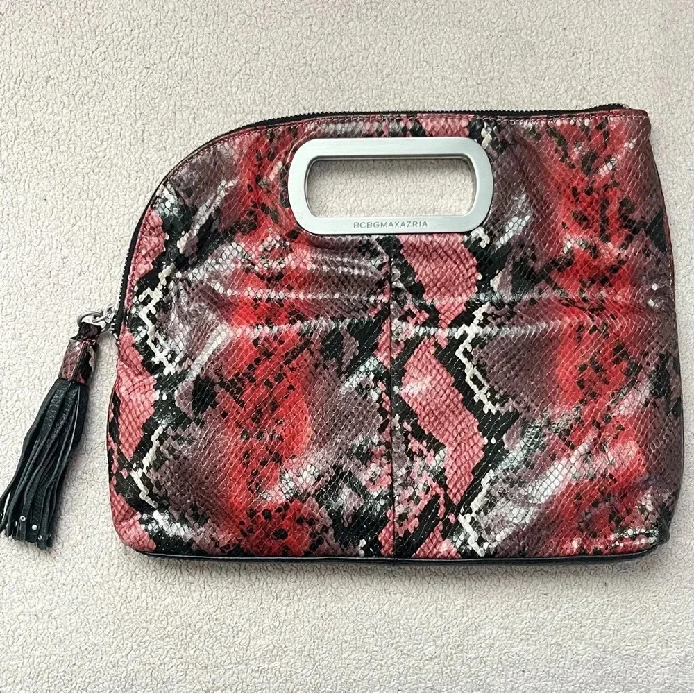 BCBGMaxAzria Clutch Purse Red/Black Exotic Zipper Tassel Handbag Foldable Clean